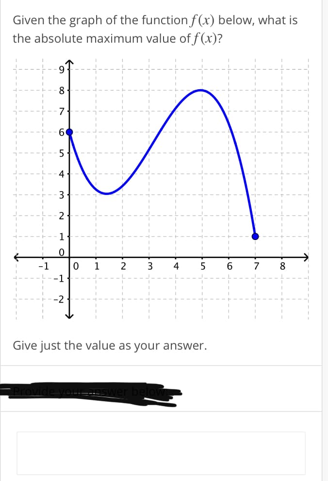 Given the graph of the function f(x) below, what is
the absolute maximum value of f (x)?
8•
7
5
4
2
1
1
2
3
4
5
7
8
-1
-2
Give just the value as your answer.
