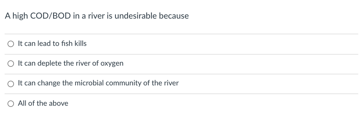 A high COD/BOD in a river is undesirable because
It can lead to fish kills
O It can deplete the river of oxygen
It can change the microbial community of the river
All of the above
