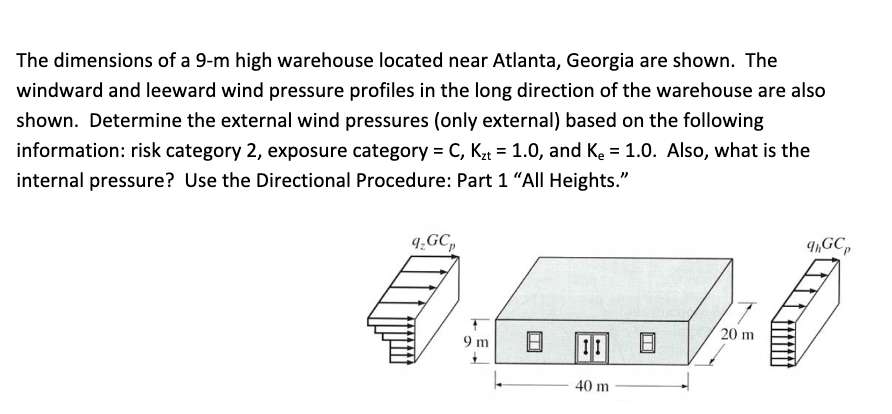 The dimensions of a 9-m high warehouse located near Atlanta, Georgia are shown. The
windward and leeward wind pressure profiles in the long direction of the warehouse are also
shown. Determine the external wind pressures (only external) based on the following
information: risk category 2, exposure category = C, K = 1.0, and Ke = 1.0. Also, what is the
%3D
%3D
internal pressure? Use the Directional Procedure: Part 1 "All Heights."
9¿GC,
9„GC,
20 m
日
叩日
9 m
40 m
