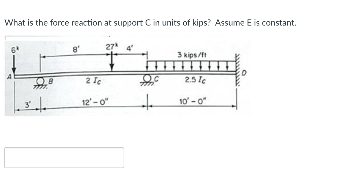 What is the force reaction at support C in units of kips? Assume E is constant.
6*
8'
27*
4'
3 kips/ft
2 Ic
2.5 Ic
t.
10' - 0"
12' – 0"

