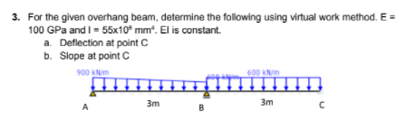 3. For the given overhang beam, determine the following using virtual work method. E =
100 GPa and I= 55x10° mm. El is constant.
a. Deflection at point C
b. Slope at point C
900 kNm
600 kN/m
3m
3m
A
B
