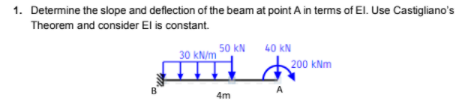 1. Determine the slope and deflection of the beam at point A in terms of El. Use Castigliano's
Theorem and consider El is constant.
50 kN
40 kN
30 kN/m
200 kNm
B
A
4m
