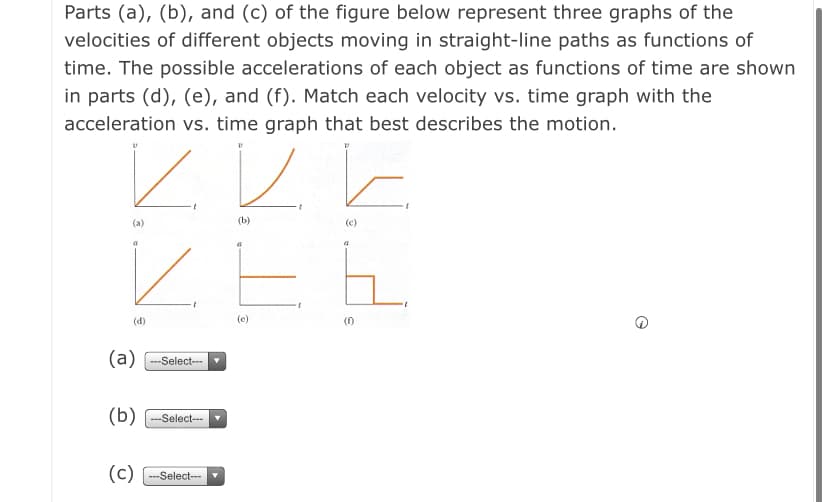 Parts (a), (b), and (c) of the figure below represent three graphs of the
velocities of different objects moving in straight-line paths as functions of
time. The possible accelerations of each object as functions of time are shown
in parts (d), (e), and (f). Match each velocity vs. time graph with the
acceleration vs. time graph that best describes the motion.
(a)
(b)
(c)
a
(d)
(e)
()
(a)
---Select---
(b)
-Select---
(c) -Select---
