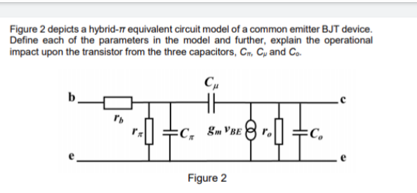 Figure 2 depicts a hybrid-r equivalent circuit model of a common emitter BJT device.
Define each of the parameters in the model and further, explain the operational
impact upon the transistor from the three capacitors, Cn, Cp and Co.
Cu
b.
H
:C, &mVBE
Figure 2

