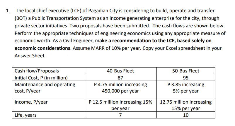 1. The local chief executive (LCE) of Pagadian City is considering to build, operate and transfer
(BOT) a Public Transportation System as an income generating enterprise for the city, through
private sector initiatives. Two proposals have been submitted. The cash flows are shown below.
Perform the appropriate techniques of engineering economics using any appropriate measure of
economic worth. As a Civil Engineer, make a recommendation to the LCE, based solely on
economic considerations. Assume MARR of 10% per year. Copy your Excel spreadsheet in your
Answer Sheet.
Cash flow/Proposals
Initial Cost, P (in million)
Maintenance and operating
cost, P/year
40-Bus Fleet
50-Bus Fleet
87
95
P 4.75 million increasing
450,000 per year
P 3.85 increasing
5% per year
Income, P/year
P 12.5 million increasing 15%
12.75 million increasing
15% per year
per year
Life, years
7
10
