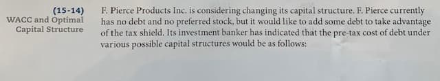 F. Pierce Products Inc. is considering changing its capital structure. F. Pierce currently
has no debt and no preferred stock, but it would like to add some debt to take advantage
of the tax shield. Its investment banker has indicated that the pre-tax cost of debt under
various possible capital structures would be as follows:
