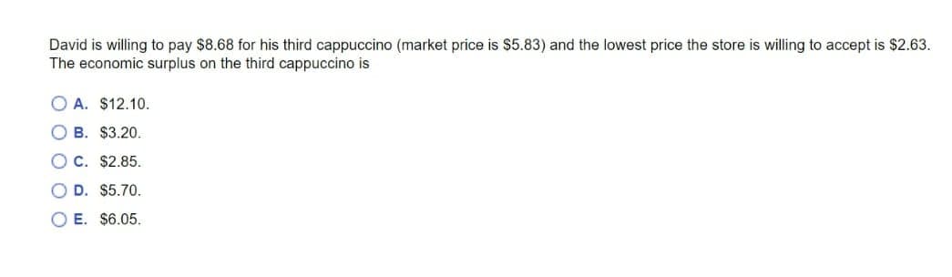 David is willing to pay $8.68 for his third cappuccino (market price is $5.83) and the lowest price the store is willing to accept is $2.63.
The economic surplus on the third cappuccino is
O A. $12.10.
B. $3.20.
C. $2.85.
O D. $5.70.
O E. $6.05.
