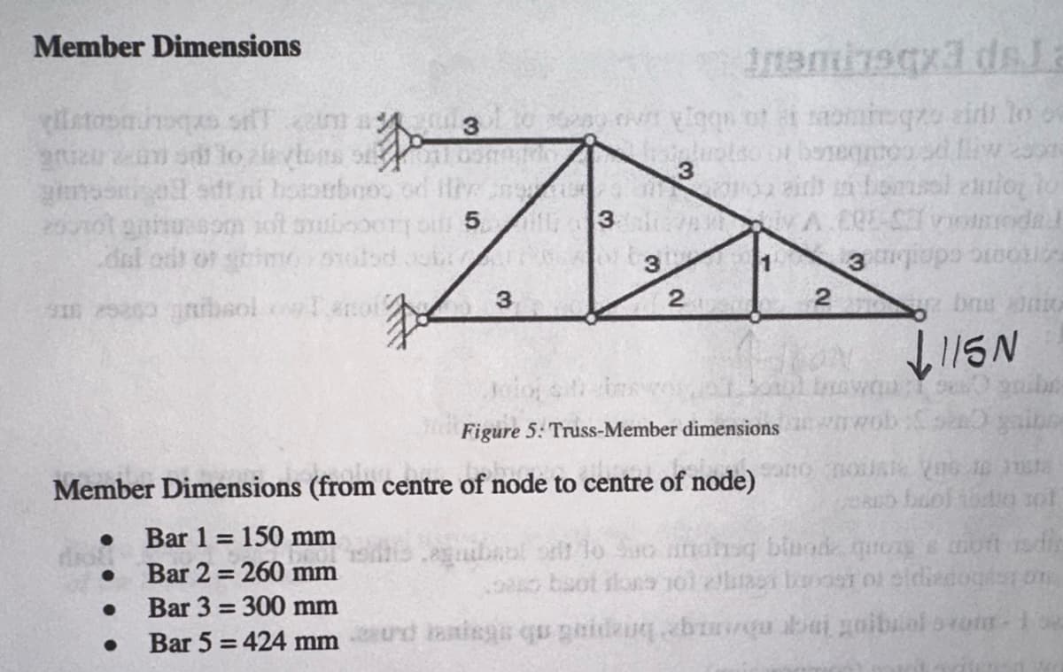 Member Dimensions
Inaminsqx3 dsla
letosaunqus sim3 tonn viggs of a rominqzo ziri lo o
grizu zem odilo zleytons oomm
3
gimtssigall sitt ni hoorbnes of the inte
eurot gnitussom not subeoortoi 53
dal out of stimo stated b
its of beregntos se flew 201
o aith in homsol culo to
VAREYA ERE- vomoda!
1
3
giops to
I 25200 gabsol og sno
●
3
●
3
2
Member Dimensions (from centre of node to centre of node)
Bar 1 = 150 mm
DED
Bar 2 = 260 mm
Juio; sif
Figure 5: Truss-Member dimensions
2
obna inic
LIISN
wwob
sono nousi VG
Coco bol tot sol
equibol self to Suo anahaq bland quos & moft is di
baot rlons 101 alles bror sidiedogest on
Bar 3 = 300 mm
Bar 5 = 424 mmurd niegs qu gaidzugeba abai goibolovom-100