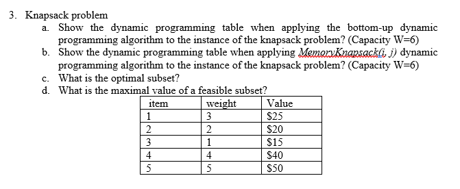 3. Knapsack problem
a. Show the dynamic programming table when applying the bottom-up dynamic
programming algorithm to the instance of the knapsack problem? (Capacity W=6)
b. Show the dynamic programming table when applying MemoryKnapsackli, j) dynamic
programming algorithm to the instance of the knapsack problem? (Capacity W=6)
c. What is the optimal subset?
d. What is the maximal value of a feasible subset?
item
weight
1
2
3
4
5
3
2
1
4
5
Value
$25
$20
$15
$40
$50