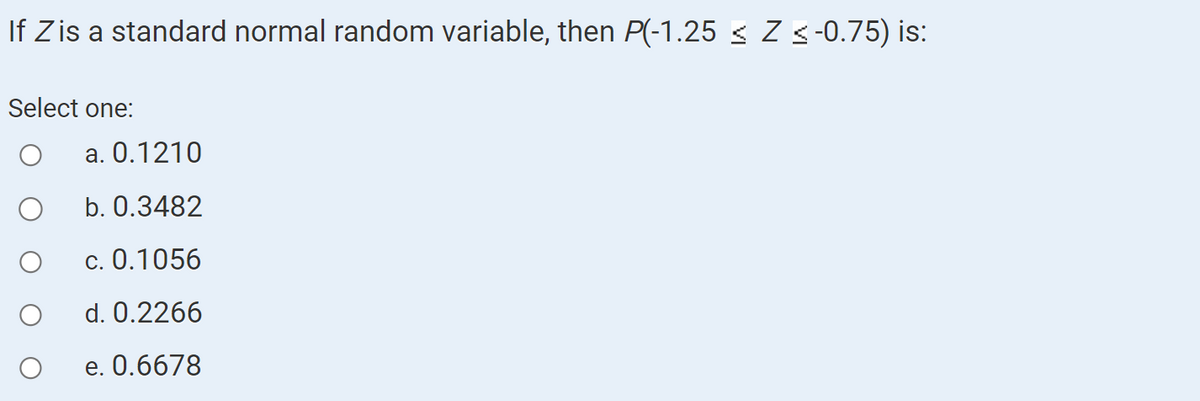 If Zis a standard normal random variable, then P(-1.25 ≤ Z ≤ -0.75) is:
Select one:
O
a. 0.1210
b. 0.3482
c. 0.1056
d. 0.2266
e. 0.6678