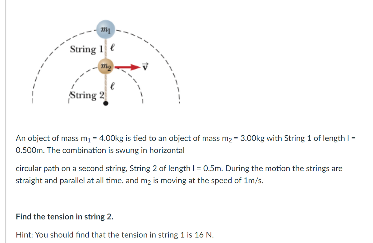 m₁
String 1
mo
String 2
=
An object of mass m₁ = 4.00kg is tied to an object of mass m₂ = 3.00kg with String 1 of length 1 :
0.500m. The combination is swung in horizontal
circular path on a second string, String 2 of length | = 0.5m. During the motion the strings are
straight and parallel at all time. and m2 is moving at the speed of 1m/s.
Find the tension in string 2.
Hint: You should find that the tension in string 1 is 16 N.