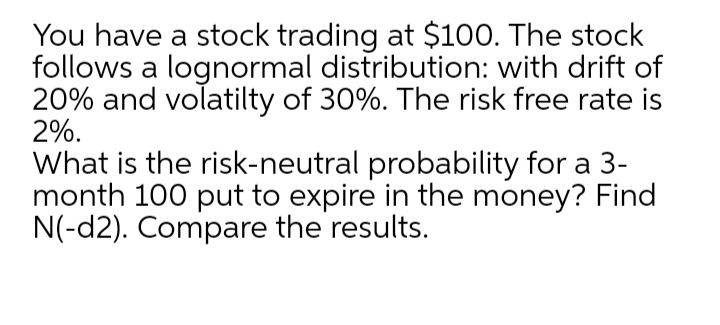 You have a stock trading at $100. The stock
follows a lognormal distribution: with drift of
20% and volatilty of 30%. The risk free rate is
2%.
What is the risk-neutral probability for a 3-
month 100 put to expire in the money? Find
N(-d2). Compare the results.
