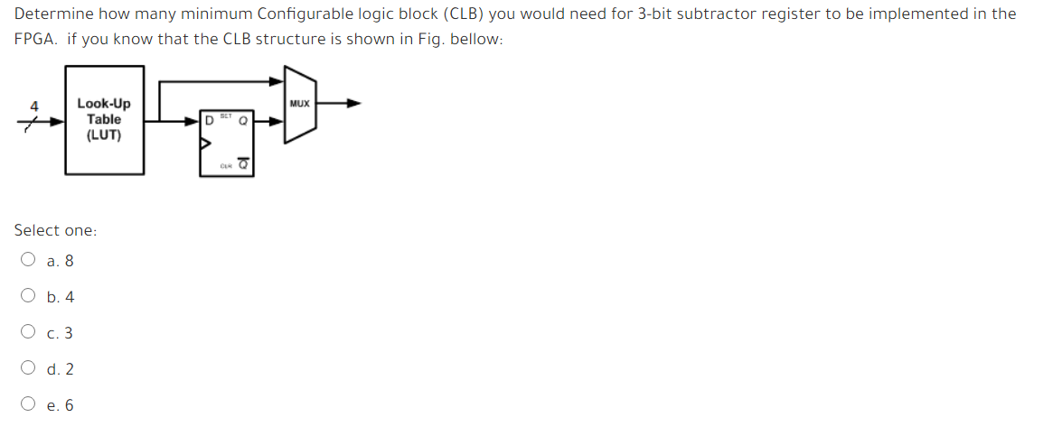 Determine how many minimum Configurable logic block (CLB) you would need for 3-bit subtractor register to be implemented in the
FPGA. if you know that the CLB structure is shown in Fig. bellow:
Look-Up
Table
(LUT)
4
MUX
D
