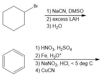 Br
1) NaCN, DMSO
2) excess LAH
3) Н,0
1) HNO3, H2SO4
2) Fe, H30*
3) NaNO2, HCI, < 5 deg C
4) CUCN

