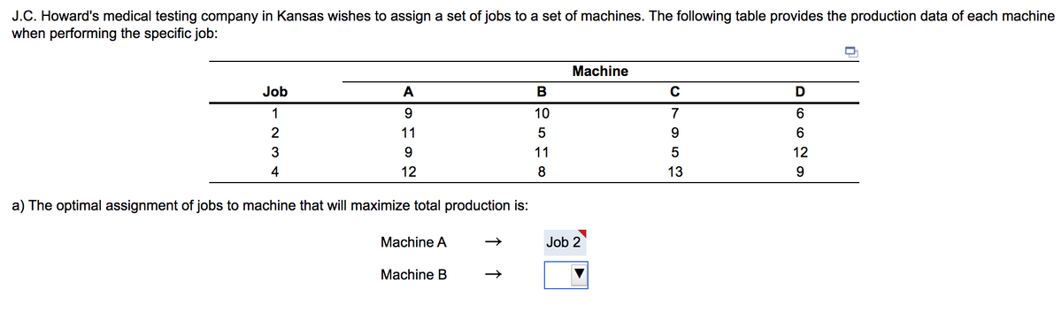 J.C. Howard's medical testing company in Kansas wishes to assign a set of jobs to a set of machines. The following table provides the production data of each machine
when performing the specific job:
Machine
Job
A
В
1
9.
10
7
11
5
9.
3
11
12
4
12
8
13
a) The optimal assignment of jobs to machine that will maximize total production is:
Machine A
Job 2
Machine B
