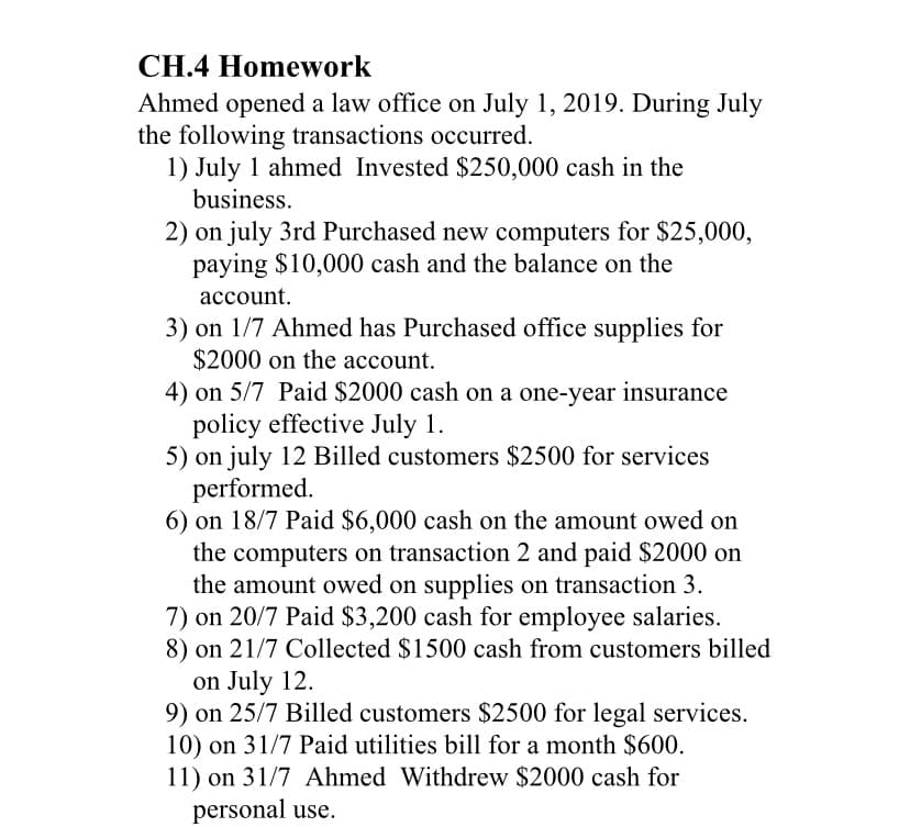 CH.4 Homework
Ahmed opened a law office on July 1, 2019. During July
the following transactions occurred.
1) July 1 ahmed Invested $250,000 cash in the
business.
2) on july 3rd Purchased new computers for $25,000,
paying $10,000 cash and the balance on the
account.
3) on 1/7 Ahmed has Purchased office supplies for
$2000 on the account.
4) on 5/7 Paid $2000 cash on a one-year insurance
policy effective July 1.
5) on july 12 Billed customers $2500 for services
performed.
6) on 18/7 Paid $6,000 cash on the amount owed on
the computers on transaction 2 and paid $2000 on
the amount owed on supplies on transaction 3.
7) on 20/7 Paid $3,200 cash for employee salaries.
8) on 21/7 Collected $1500 cash from customers billed
on July 12.
9) on 25/7 Billed customers $2500 for legal services.
10) on 31/7 Paid utilities bill for a month $600.
11) on 31/7 Ahmed Withdrew $2000 cash for
personal use.
