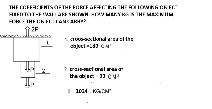 THE COEFFICIENTS OF THE FORCE AFFECTING THE FOLLOWING OBJECT
FIXED TO THE WALL ARE SHOWN. HOW MANY KG IS THE MAXIMUM
FORCE THE OBJECT CAN CARRY?
2P
1. croos-sectional area of the
object =180 CM2
1
2. cross-sectional area of
the object = 90 CM?
P
2
O = 1024 . KG/CM²
