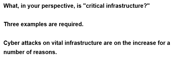 What, in your perspective, is "critical infrastructure?"
Three examples are required.
Cyber attacks on vital infrastructure are on the increase for a
number of reasons.