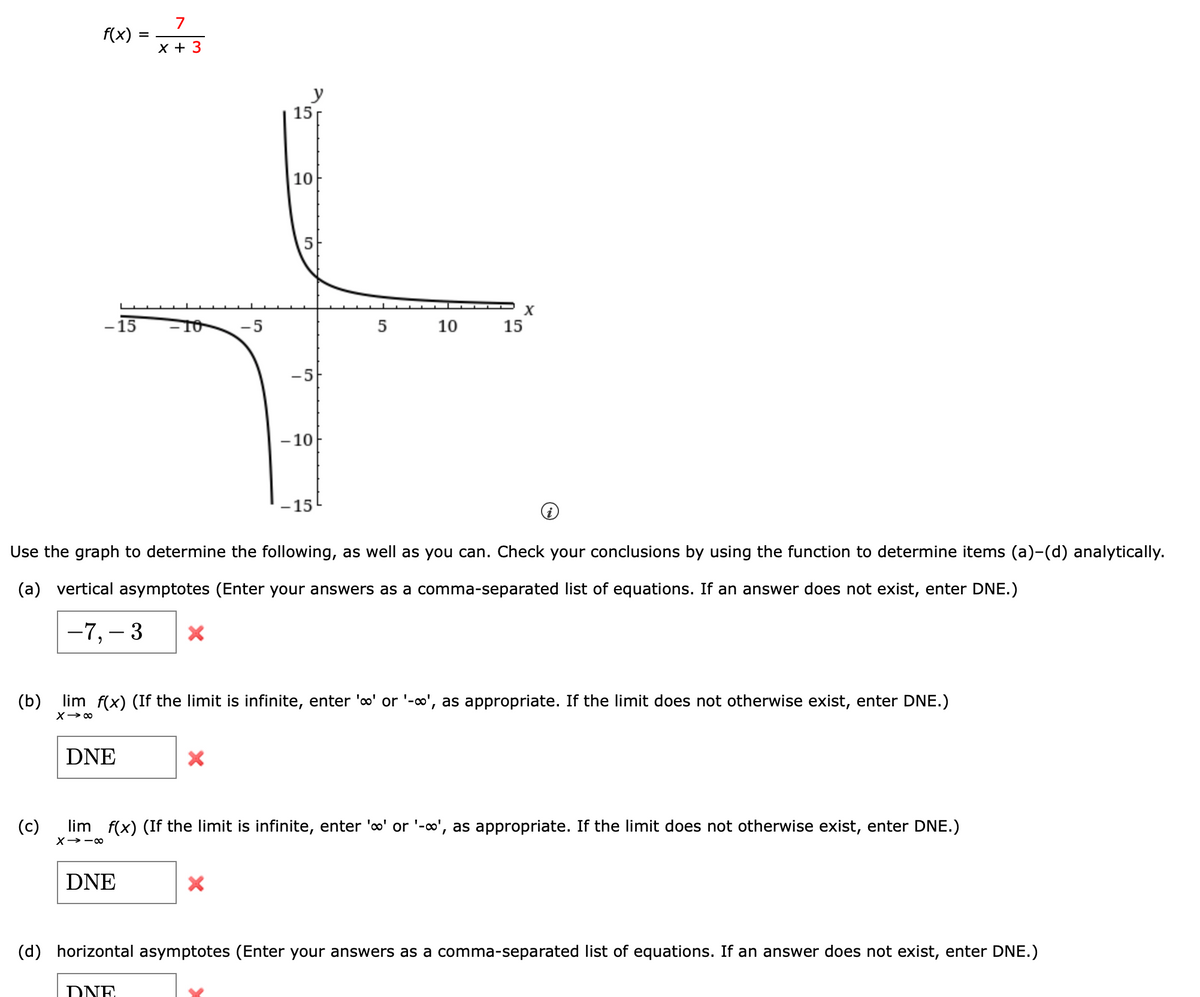 7
f(x)
х+ 3
y
15
10
- 15
-10
-5
10
15
-5
- 10
-15
Use the graph to determine the following, as well as you can. Check your conclusions by using the function to determine items (a)-(d) analytically.
(a) vertical asymptotes (Enter your answers as a comma-separated list of equations. If an answer does not exist, enter DNE.)
-7, – 3
(b) lim f(x) (If the limit is infinite, enter 'o' or '-o', as appropriate. If the limit does not otherwise exist, enter DNE.)
DNE
(c)
lim f(x) (If the limit is infinite, enter 'o' or '-∞', as appropriate. If the limit does not otherwise exist, enter DNE.)
DNE
(d) horizontal asymptotes (Enter your answers as a comma-separated list of equations. If an answer does not exist, enter DNE.)
DNE
