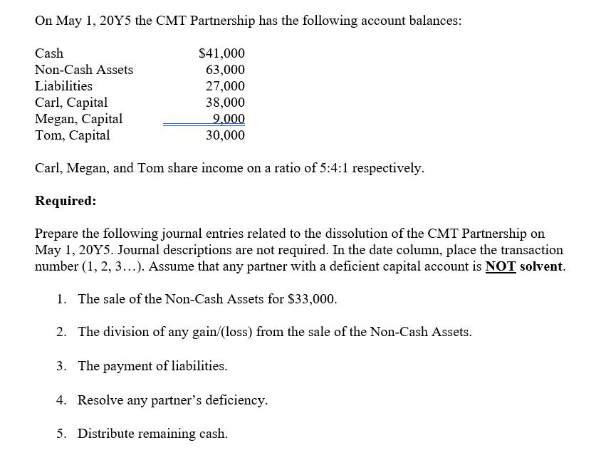 On May 1, 20Y5 the CMT Partnership has the following account balances:
Cash
$41,000
Non-Cash Assets
63,000
Liabilities
27,000
38,000
Carl, Capital
Megan, Capital
Tom, Capital
9,000
30,000
Carl, Megan, and Tom share income on a ratio of 5:4:1 respectively.
Required:
Prepare the following journal entries related to the dissolution of the CMT Partnership on
May 1, 20Y5. Journal descriptions are not required. In the date column, place the transaction
number (1, 2, 3...). Assume that any partner with a deficient capital account is NOT solvent.
1. The sale of the Non-Cash Assets for $33,000.
2. The division of any gain/(loss) from the sale of the Non-Cash Assets.
3. The payment of liabilities.
4. Resolve any partner's deficiency.
5. Distribute remaining cash.
