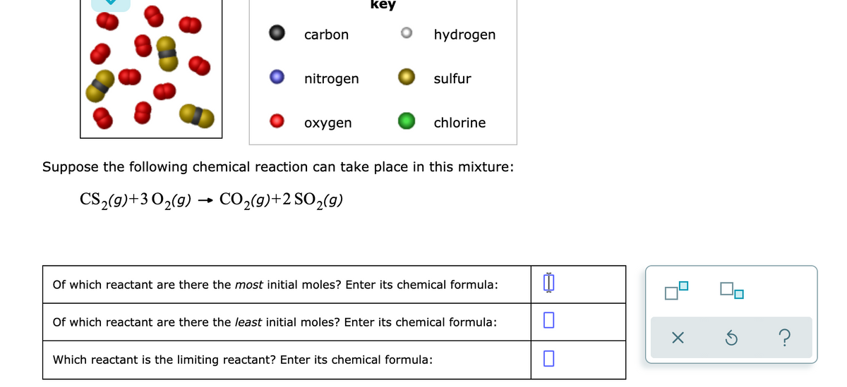 key
carbon
hydrogen
nitrogen
sulfur
охудen
chlorine
Suppose the following chemical reaction can take place in this mixture:
CS,(9)+30,(9) → CO2(9)+2 SO2(g)
Of which reactant are there the most initial moles? Enter its chemical formula:
Of which reactant are there the least initial moles? Enter its chemical formula:
Which reactant is the limiting reactant? Enter its chemical formula:

