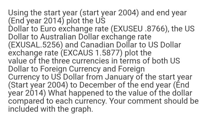 Using the start year (start year 2004) and end year
(End year 2014) plot the US
Ďollar to Euro exchange rate (EXUSEU .8766), the US
Dollar to Australian Dollar exchange rate
(EXUSAL.5256) and Canadian Dollar to US Dollar
exchange rate (EXCAUS 1.5877) plot the
value of the three currencies in terms of both US
Dollar to Foreign Currency and Foreign
Currency to US Dollar from January of the start year
(Start year 2004) to December of the end year (Énd
year 2014) What happened to the value of the dollar
compared to each currency. Your comment should be
included with the graph.
