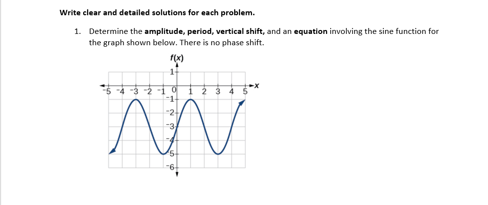 Write clear and detailed solutions for each problem.
1.
Determine the amplitude, period, vertical shift, and an equation involving the sine function for
the graph shown below. There is no phase shift.
-4
-2
3
1.
-1+
-5
-3
4
-2
