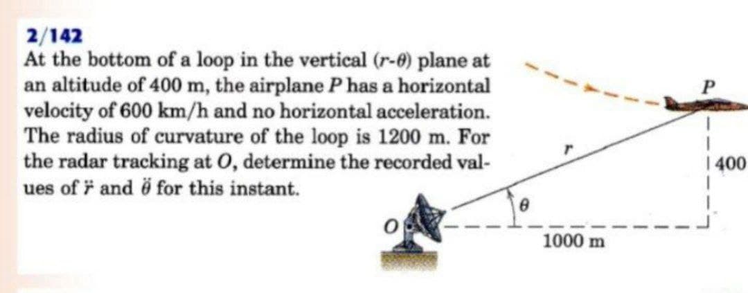 2/142
At the bottom of a loop in the vertical (r-0) plane at
an altitude of 400 m, the airplane P has a horizontal
velocity of 600 km/h and no horizontal acceleration.
The radius of curvature of the loop is 1200 m. For
the radar tracking at 0, determine the recorded val-
ues of # and ö for this instant.
1 400
1000 m
