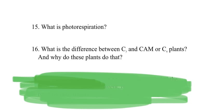 15. What is photorespiration?
16. What is the difference between C, and CAM or C, plants?
And why do these plants do that?
oem
