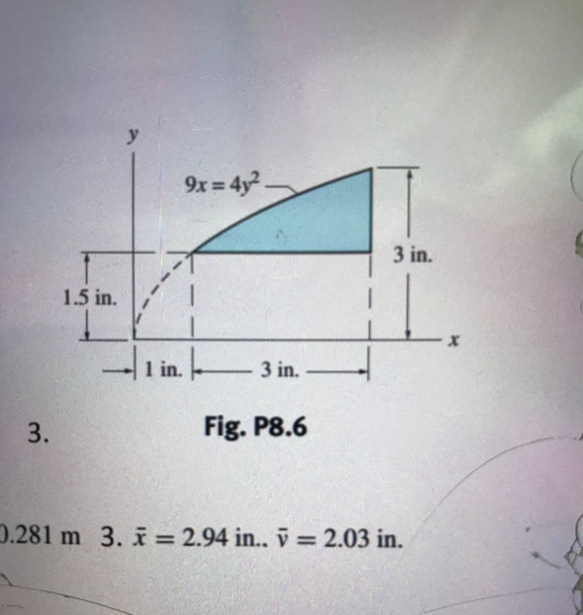 y
9x = 4y?
3 in.
1.5 in.
1 in. 3 in.
3.
Fig. P8.6
0.281 m 3. = 2.94 in.. v = 2.03 in.
