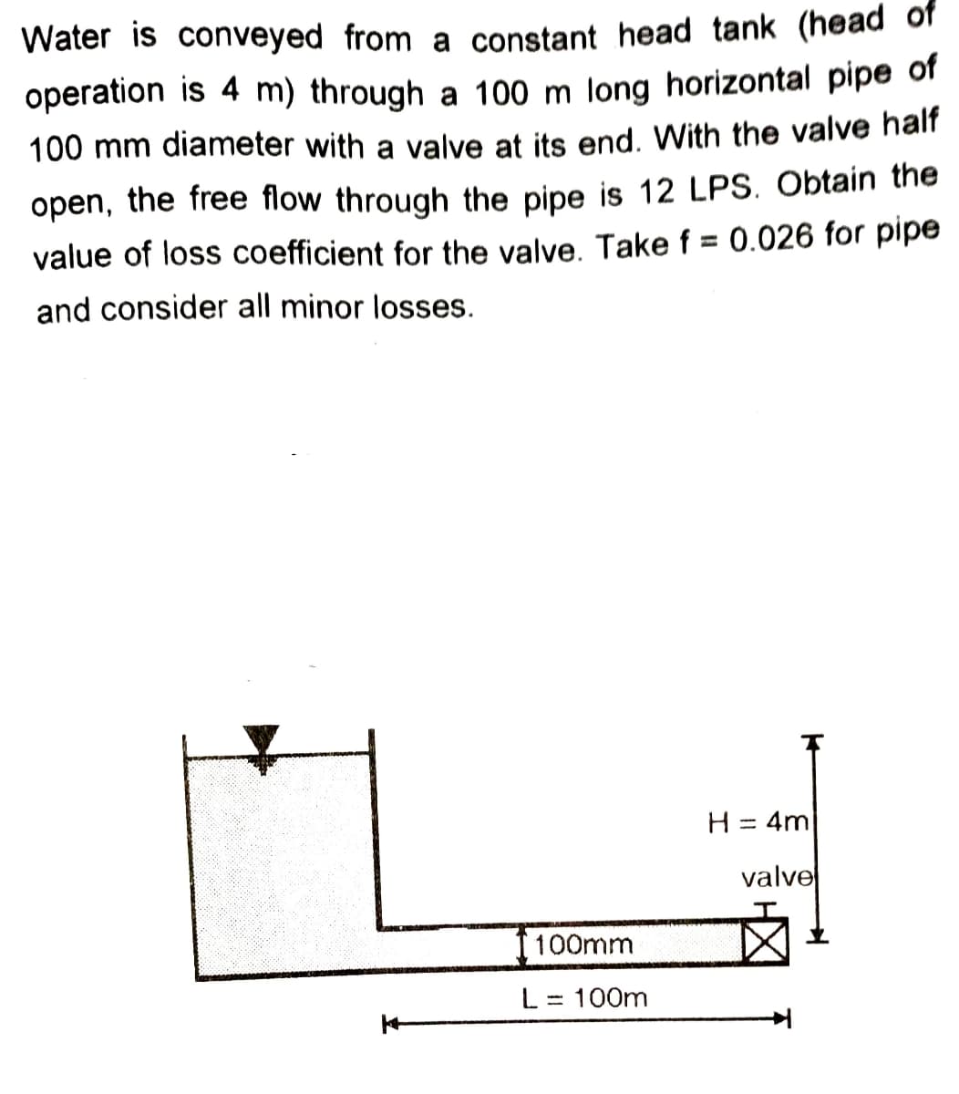 Water is conveyed from a constant head tank (head of
operation is 4 m) through a 100 m long horizontal pipe of
100 mm diameter with a valve at its end. With the valve half
open, the free flow through the pipe is 12 LPS. Obtain the
value of loss coefficient for the valve. Take f = 0.026 for pipe
%3D
and consider all minor losses.
H = 4m
%3D
valve
100mm
L = 100m
%3D
