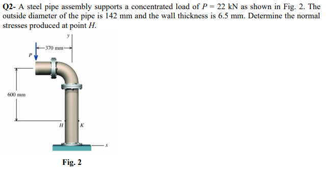 Q2- A steel pipe assembly supports a concentrated load of P = 22 kN as shown in Fig. 2. The
outside diameter of the pipe is 142 mm and the wall thickness is 6.5 mm. Determine the normal
stresses produced at point H.
- 370 mm-
600 mm
Fig. 2
