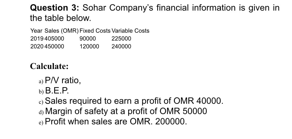 Question 3: Sohar Company's financial information is given in
the table below.
Year Sales (OMR) Fixed Costs Variable Costs
2019 405000
90000
225000
2020 450000
120000
240000
Calculate:
a) P/V ratio,
b) В.Е.Р.
c) Sales required to earn a profit of OMR 40000.
d) Margin of safety at a profit of OMR 50000
Profit when sales are OMR. 200000.
e)

