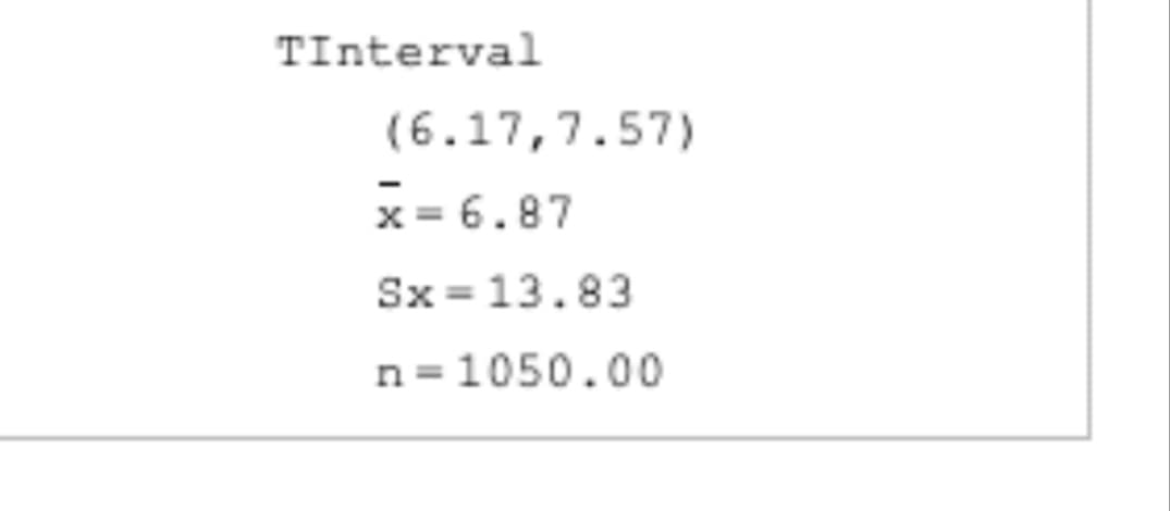 TInterval
(6.17,7.57)
x = 6.87
Sx = 13.83
n=1050.00
