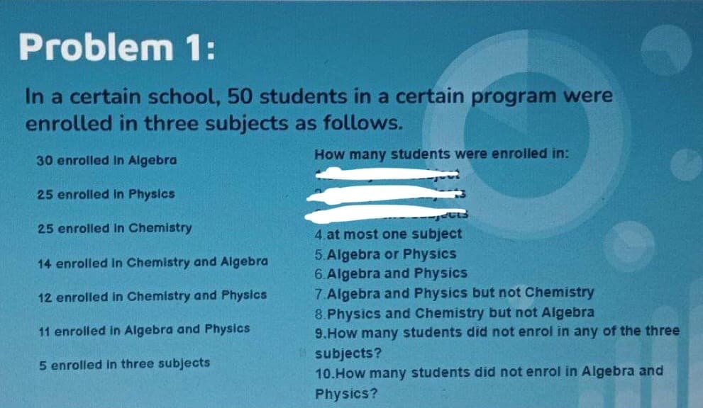 Problem 1:
In a certain school, 50 students in a certain program were
enrolled in three subjects as follows.
30 enrolled in Algebra
How many students were enrolled in:
25 enrolled in Physics
25 enrolled in Chemistry
14 enrolled in Chemistry and Algebra
12 enrolled in Chemistry and Physics
11 enrolled in Algebra and Physics
5 enrolled in three subjects
4.at most one subject
5. Algebra or Physics
6.Algebra and Physics
7.Algebra and Physics but not Chemistry
8. Physics and Chemistry but not Algebra
9.How many students did not enrol in any of the three
subjects?
10.How many students did not enrol in Algebra and
Physics?