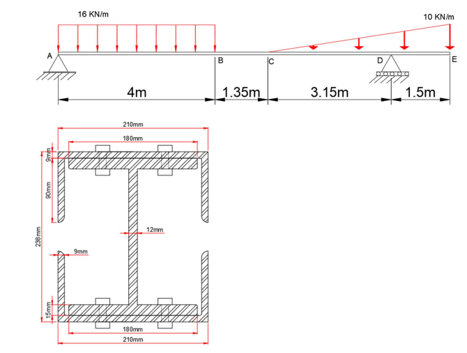 16 KN/m
10 KN/m
D
4m
1.35m
3.15m
1.5m
210mm
180mm
12mm
9mm
180mm
210mm
ww06
238 mm
