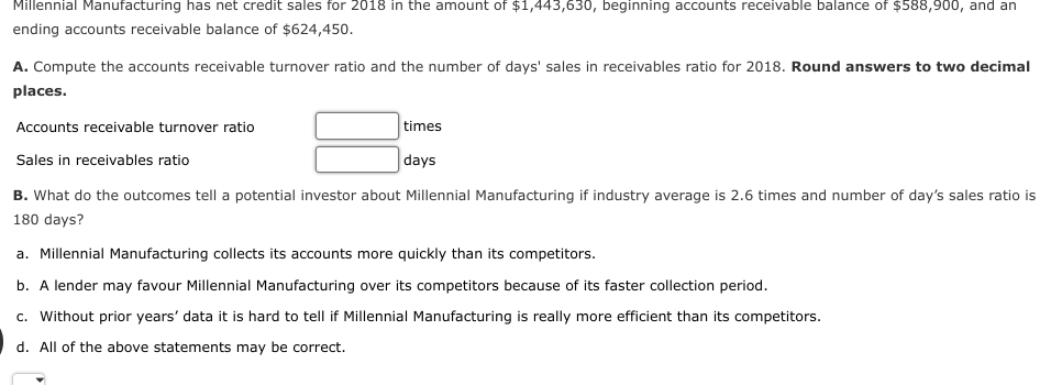 Millennial Manufacturing has net credit sales for 2018 in the amount of $1,443,630, beginning accounts receivable balance of $588,900, and an
ending accounts receivable balance of $624,450.
A. Compute the accounts receivable turnover ratio and the number of days' sales in receivables ratio for 2018. Round answers to two decimal
places.
times
days
B. What do the outcomes tell a potential investor about Millennial Manufacturing if industry average is 2.6 times and number of day's sales ratio is
180 days?
Accounts receivable turnover ratio
Sales in receivables ratio
a. Millennial Manufacturing collects its accounts more quickly than its competitors.
b. A lender may favour Millennial Manufacturing over its competitors because of its faster collection period.
c. Without prior years' data it is hard to tell if Millennial Manufacturing is really more efficient than its competitors.
d. All of the above statements may be correct.