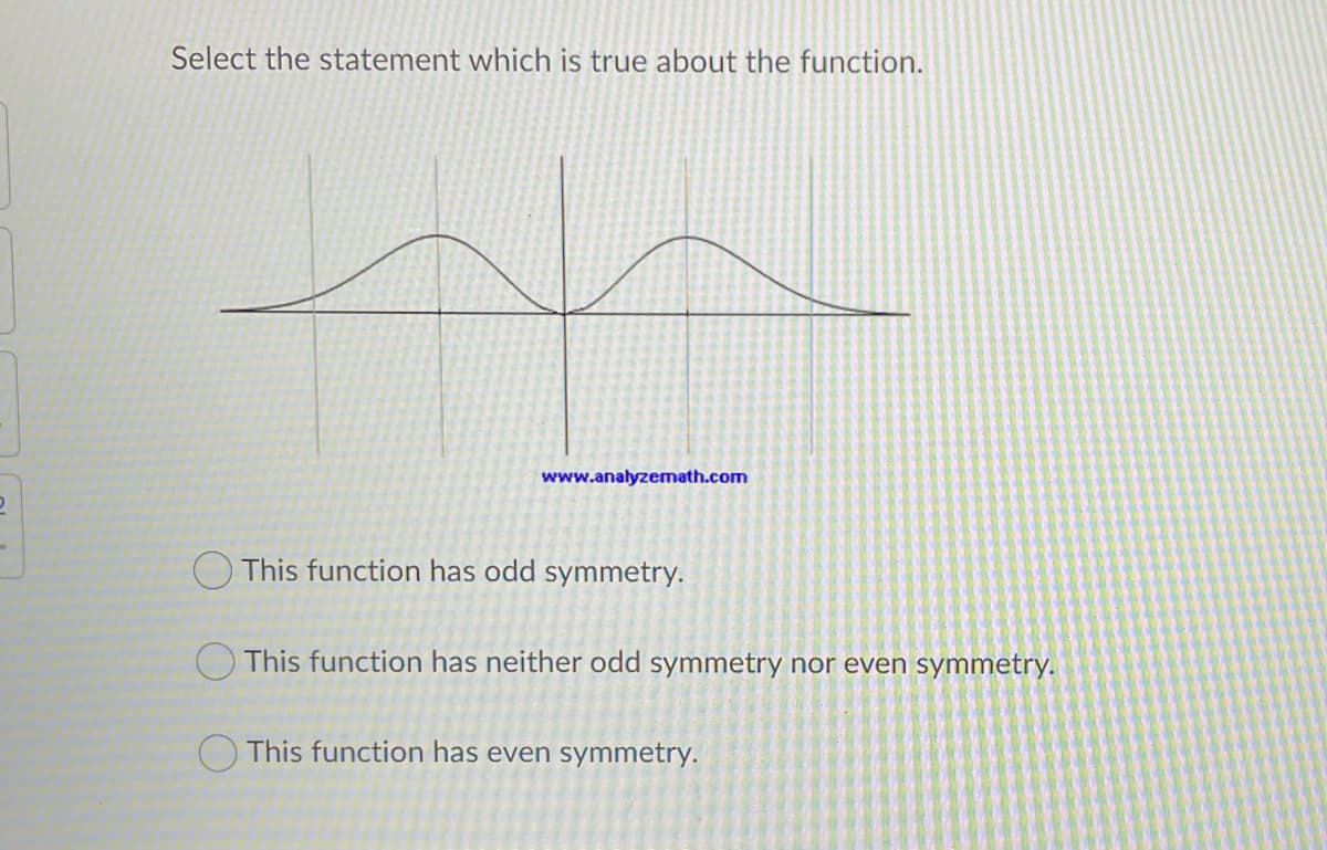 Select the statement which is true about the function.
www.analyzemath.com
This function has odd symmetry.
O This function has neither odd symmetry nor even symmetry.
This function has even symmetry.

