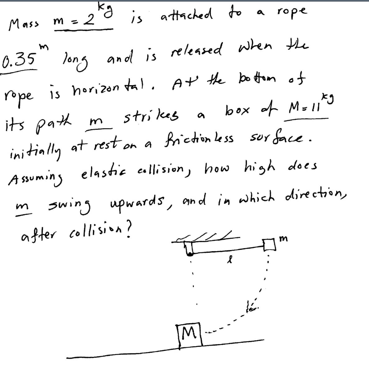 Mass m = 2
is attached to
a rope
0.35m
long and is released when the
is horizon ta l,
At the bo tom of
rope
its path
m strikes
box of M-11*
initinlly at rest
A ssuming elastiic allision, how high does
on a friction less suy face.
m swing upwards, and in which direction,
after collision?
