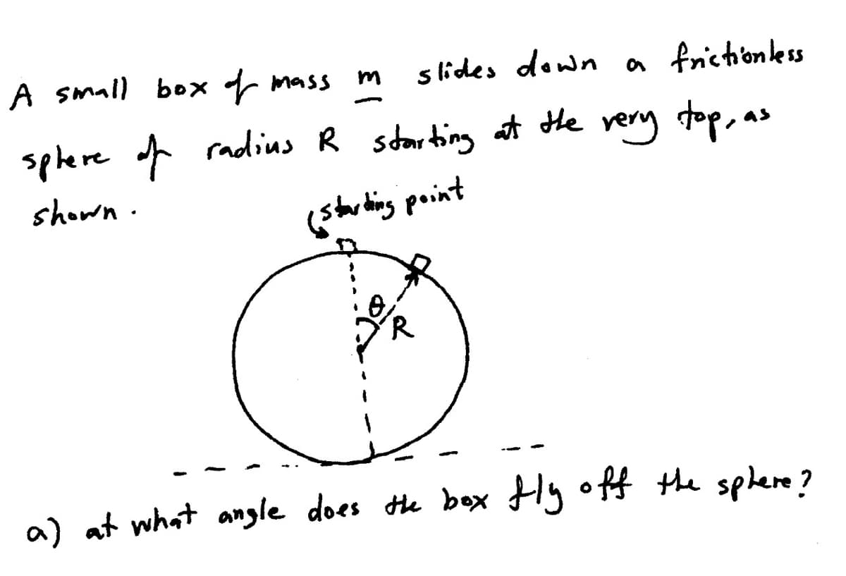 A small box mass m
s lides down a
frictioness
splere radius R sdarting at tHe rery top, as
shown.
(stardhing point
a) at what angle does te bex FHy off the splere?
