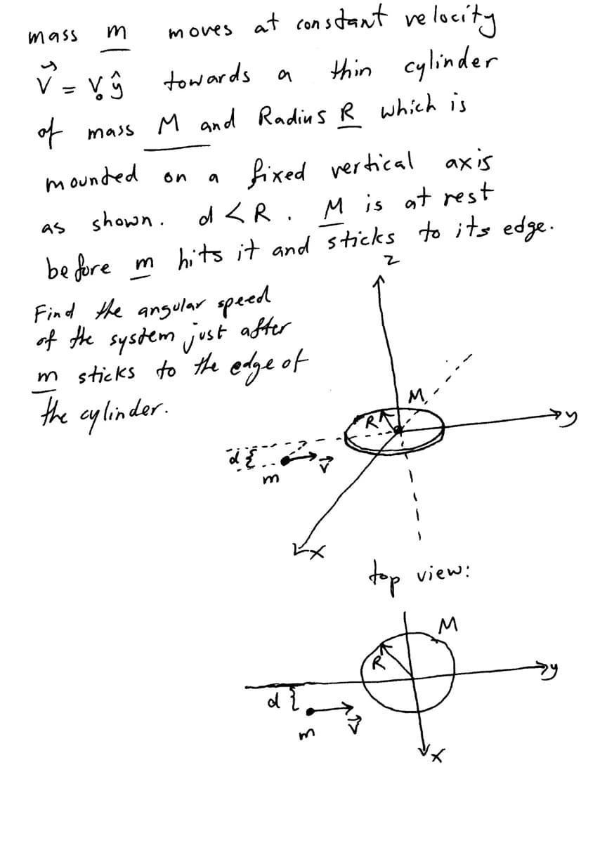 moves e locity
at constant
m
towards a
thin cylinder
of
f mass M and Radins R which is
fixed vertical axis
d < R. M is at rest
mounded
on
a
as
shown.
be dore m hits it and sticks to its edge.
Find the angular speed
of the system just after
m sticks to the edge of
the aylinder.
M-
top view:
M
