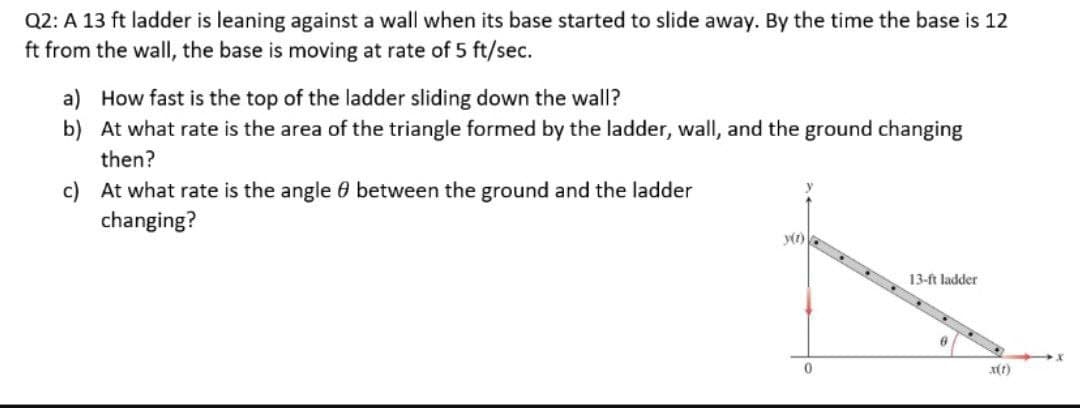 Q2: A 13 ft ladder is leaning against a wall when its base started to slide away. By the time the base is 12
ft from the wall, the base is moving at rate of 5 ft/sec.
a) How fast is the top of the ladder sliding down the wall?
b) At what rate is the area of the triangle formed by the ladder, wall, and the ground changing
then?
c) At what rate is the angle 0 between the ground and the ladder
changing?
y(1)
13-ft ladder
