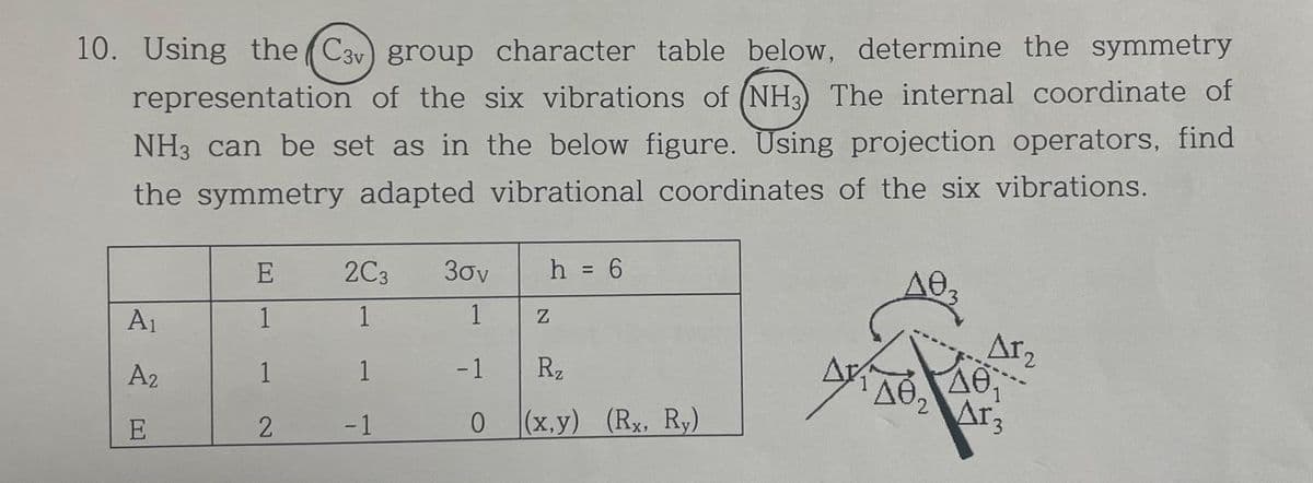 10. Using the (C3) group character table below, determine the symmetry
representation of the six vibrations of (NH3) The internal coordinate of
NH3 can be set as in the below figure. Using projection operators, find
the symmetry adapted vibrational coordinates of the six vibrations.
A₁
A₂
E
E
1
1
2
2C3
1
-1
30v
1
-1
0
h = 6
Z
Rz
(x,y) (Rx, Ry)
AT₂
40
Arz