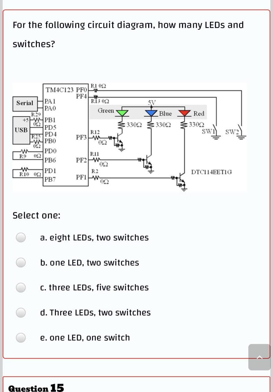 For the following circuit diagram, how many LEDS and
switches?
RI 02
TM4C123 PF0
PF4 W
RI3 02
PA1
PA0
R29
+5WPB1
PD5
Serial
Green
Blue
Red
3302 3302
3302
sw sw2)
USB
R25 PD4
WPB0
R12
PF3 W
L
PDO
02
PB6
RI1
R9
PF2W
50.
PD1
R10 02
R2
DTC114EETIG
PB7
PF1W
Select one:
a. eight LEDSS, two switches
b. one LED, two switches
c. three LEDS, five switches
d. Three LEDS, two switches
e. one LED, one switch
Question 15
