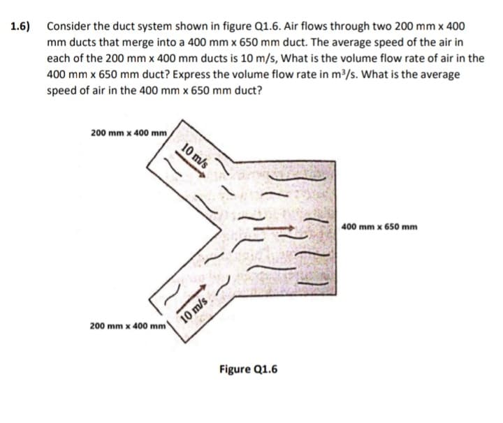 1.6) Consider the duct system shown in figure Q1.6. Air flows through two 200 mm x 400
mm ducts that merge into a 400 mm x 650 mm duct. The average speed of the air in
each of the 200 mm x 400 mm ducts is 10 m/s, What is the volume flow rate of air in the
400 mm x 650 mm duct? Express the volume flow rate in m³/s. What is the average
speed of air in the 400 mm x 650 mm duct?
200 mm x 400 mm
200 mm x 400 mm
10 m/s
10 m/s
Figure Q1.6
400 mm x 650 mm