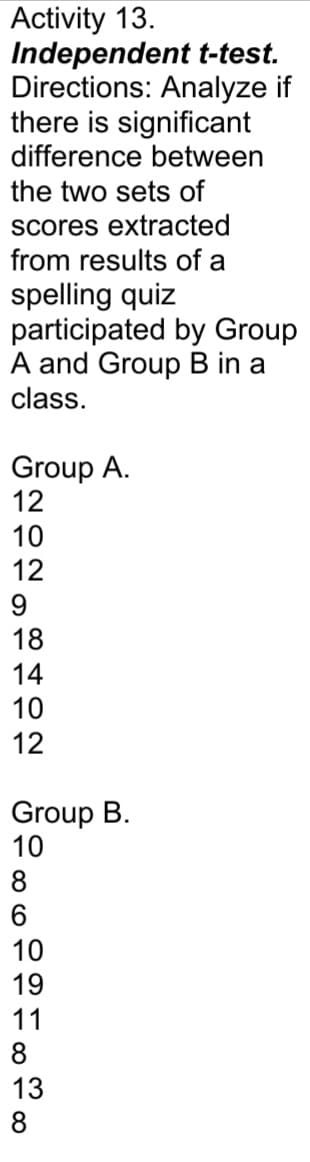 Activity 13.
Independent t-test.
Directions: Analyze if
there is significant
difference between
the two sets of
scores extracted
from results of a
spelling quiz
participated by Group
A and Group B in a
class.
Group A.
12
10
12
18
14
10
12
Group B.
10
8
10
19
11
8
13
8
