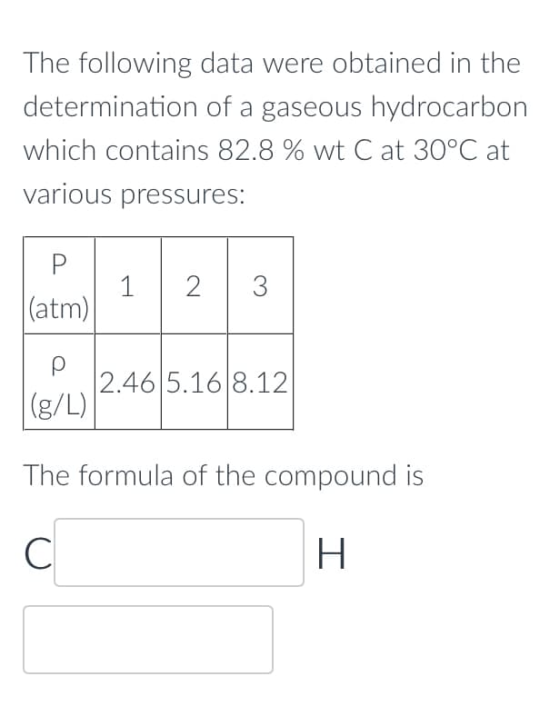 The following data were obtained in the
determination of a gaseous hydrocarbon
which contains 82.8 % wt C at 30°C at
various pressures:
P
(atm)
1 2
3
р
(g/L)
The formula of the compound is
C
H
2.46 5.16 8.12