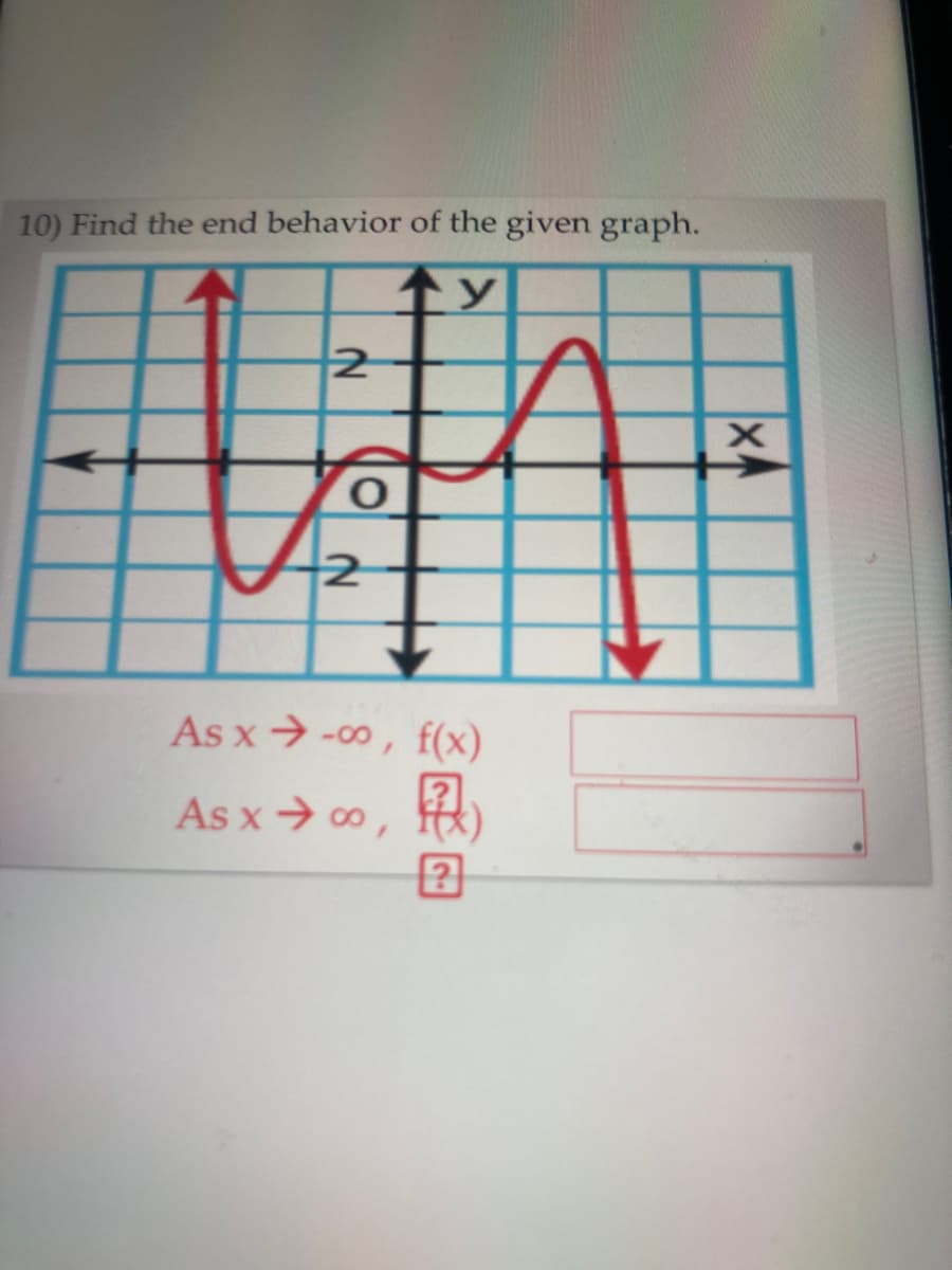 10) Find the end behavior of the given graph.
12
As x> -00, f(x)
As x> 00,
Ht)

