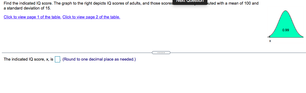 Find the indicated IQ score. The graph to the right depicts lQ scores of adults, and those scores
Next QueStior
buted with a mean of 100 and
a standard deviation of 15.
Click to view page 1 of the table. Click to view page 2 of the table.
0.99
The indicated IQ score, x, is . (Round to one decimal place as needed.)
