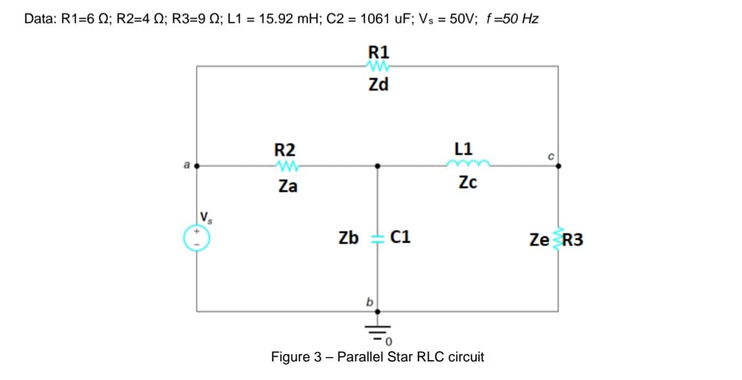 Data: R1=6 Q; R2=4 Q; R3=9 Q; L1 = 15.92 mH; C2 = 1061 uF; Vs = 50V; f=50 Hz
R1
Zd
R2
L1
Za
Zc
Zb
C1
Ze R3
b.
Figure 3 - Parallel Star RLC circuit
